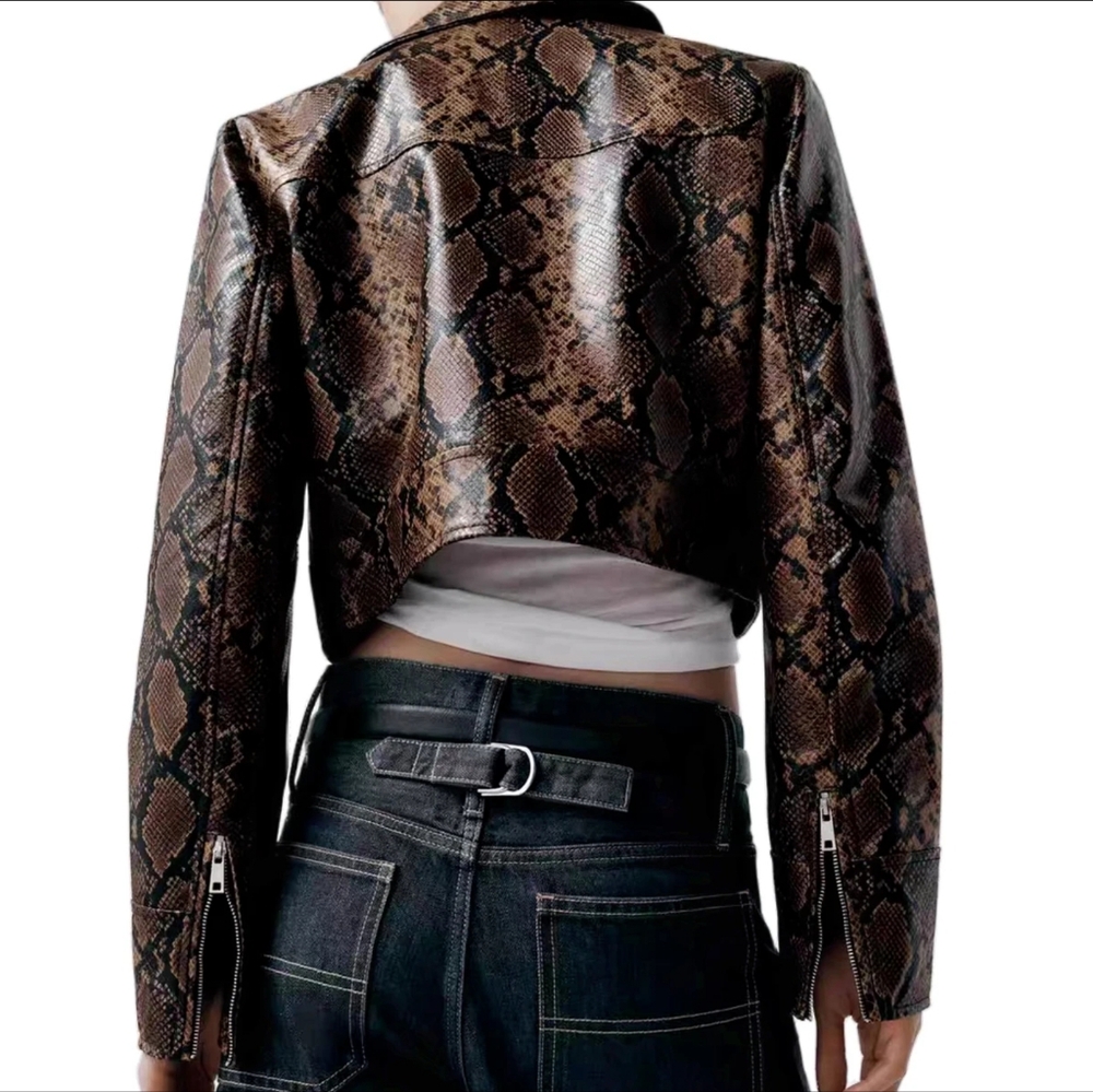 Fashion Snake Printed Short Jacket Women Lapel Zipper Long Sleeve - Picture 12 of 15